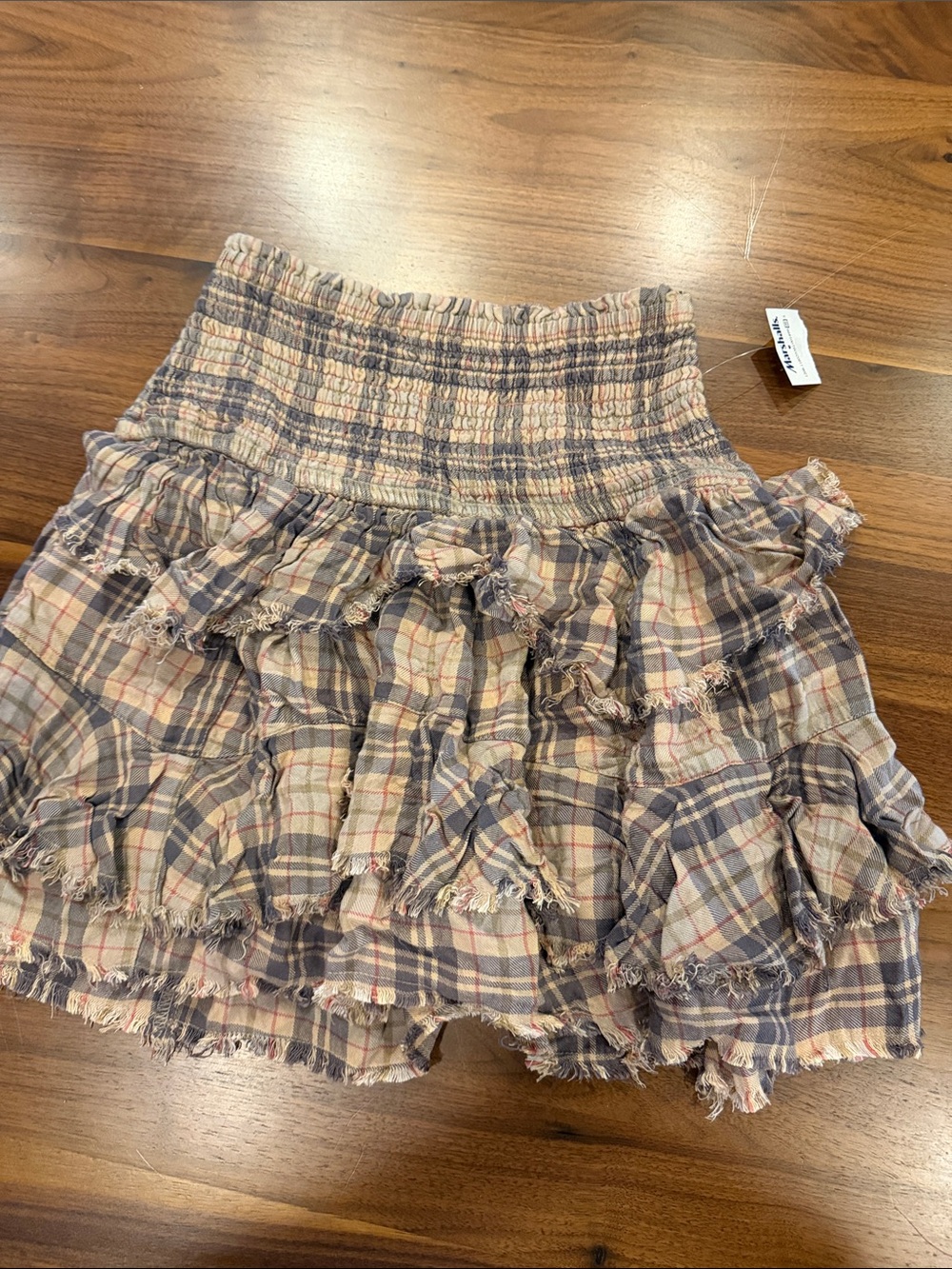 Free People Plaid Tiered Ruffle Mini Skirt in Beige and Blue
